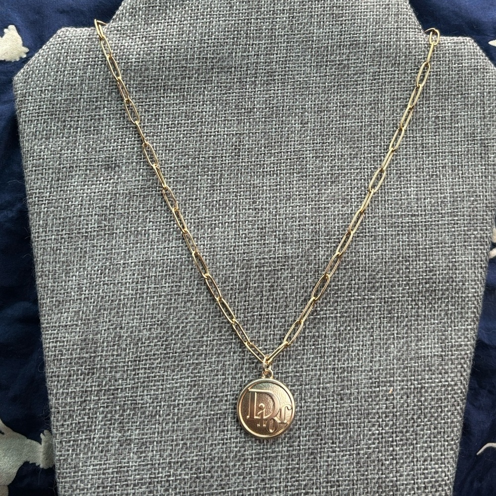 Vintage 18K Gold Plated Chain Necklace w/ Dior Monogram Round Medallion Pendant